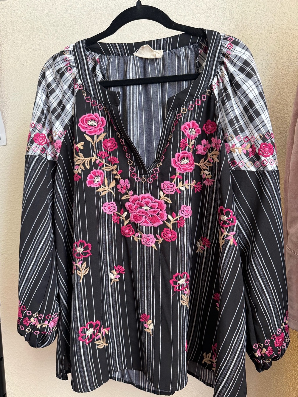 Savanna Jane Black Striped Tunic with Pink Floral Embroidery